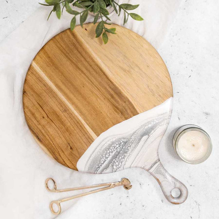 Round Acacia and Marble Resin Cheese Paddle