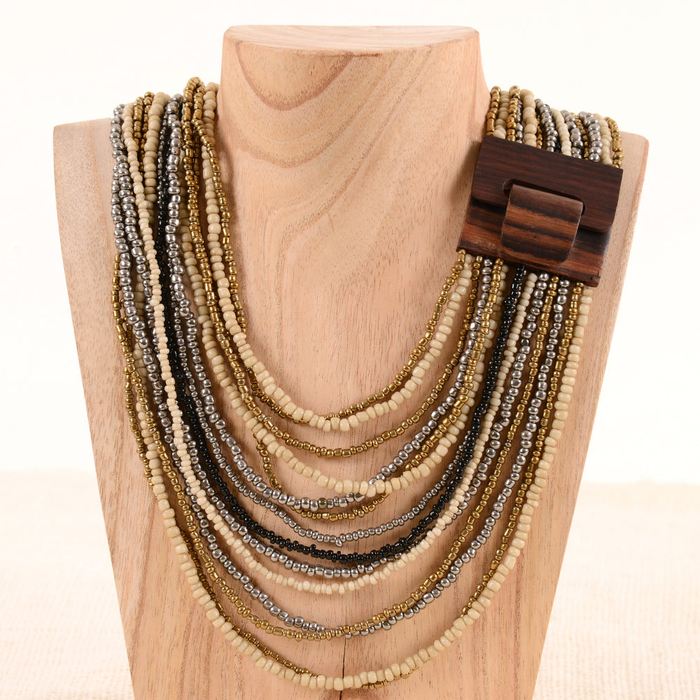 Wood Buckle Beaded Necklace