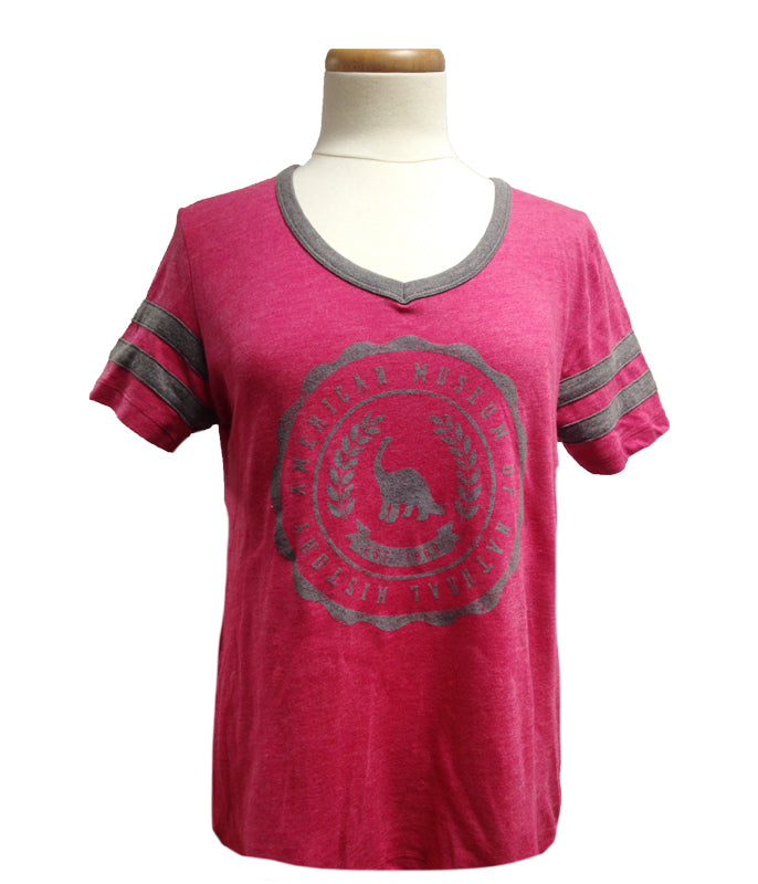 Ladies AMNH Dino Crest Varsity V-Neck Tee