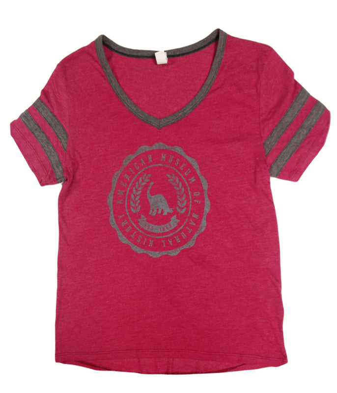 Ladies AMNH Dino Crest Varsity V-Neck Tee