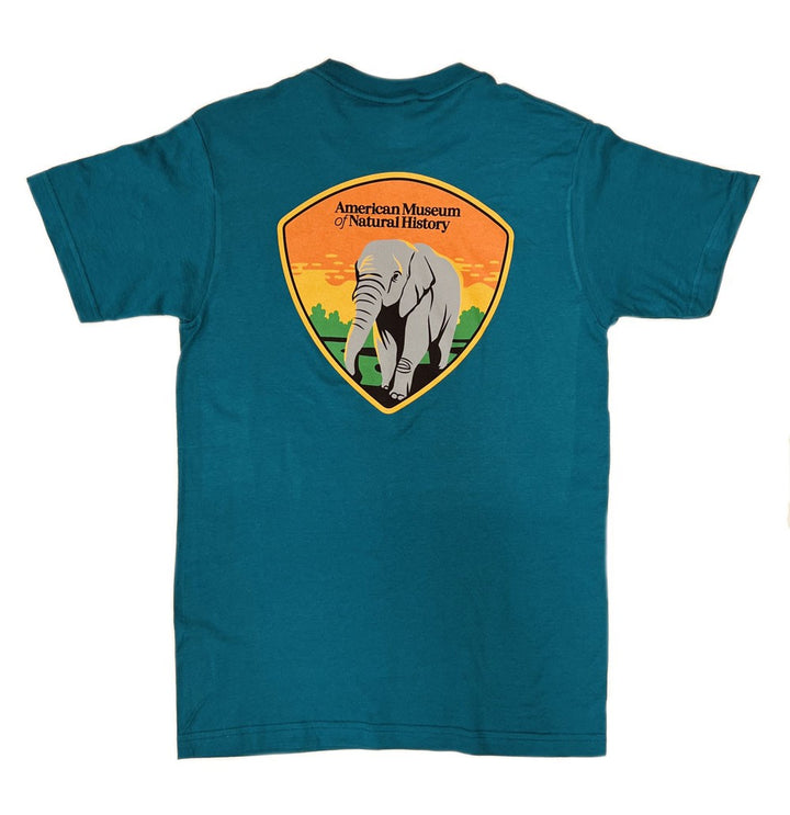 Adult AMNH Teal Blue Elephant Shield T-Shirt back
