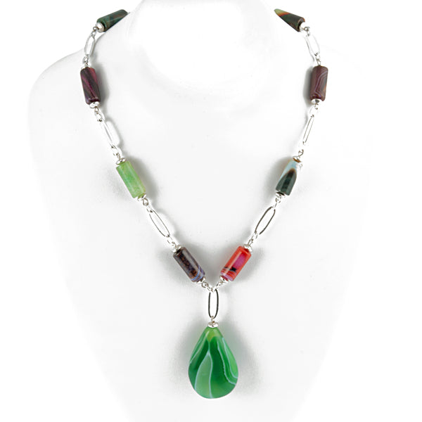 Green Pendant Banded Agate Open Link Necklace