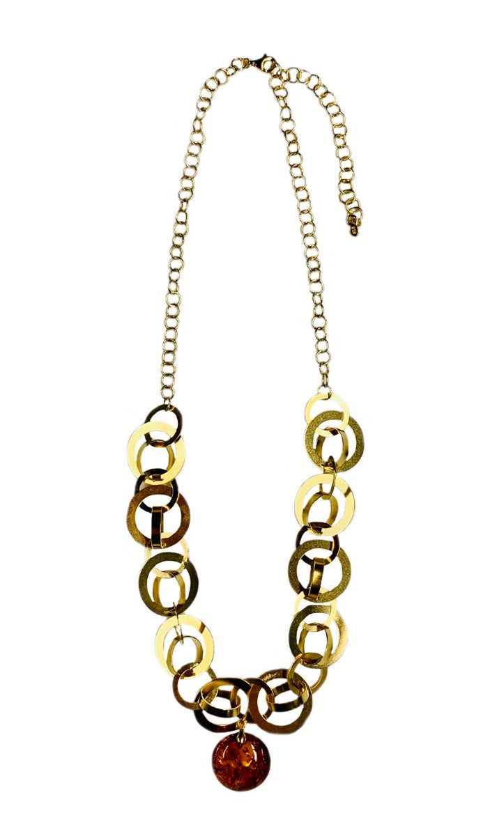 Genuine Baltic Amber and 18K Gold-Plated Rings Necklace