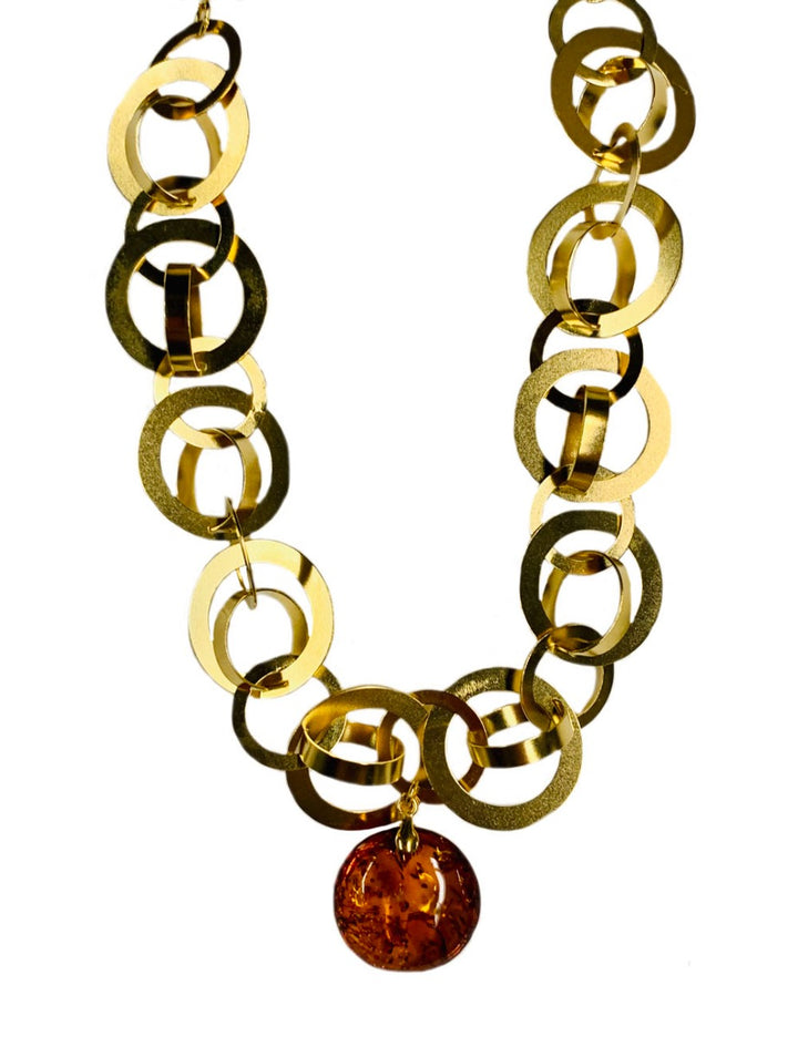 Genuine Baltic Amber and 18K Gold-Plated Rings Necklace