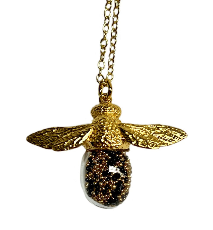 18K Gold Vermeil Bee Shaker Necklace - Two Styles Gold Black Beads
