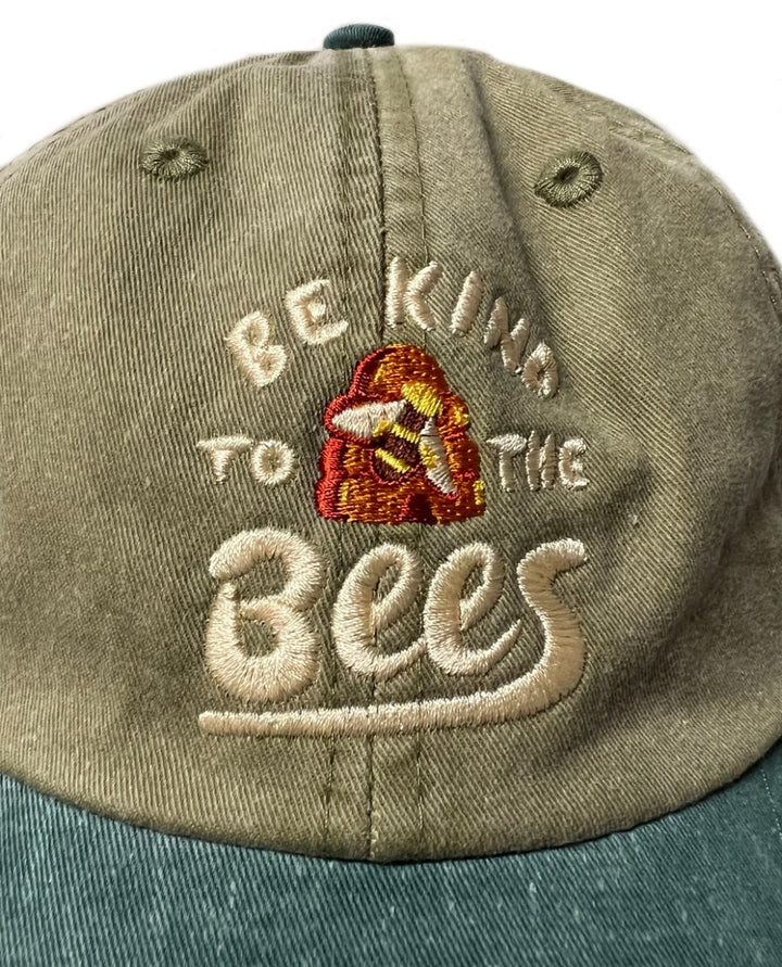 Adult Two-Tone Green Embroidered Bees Cap Closeup