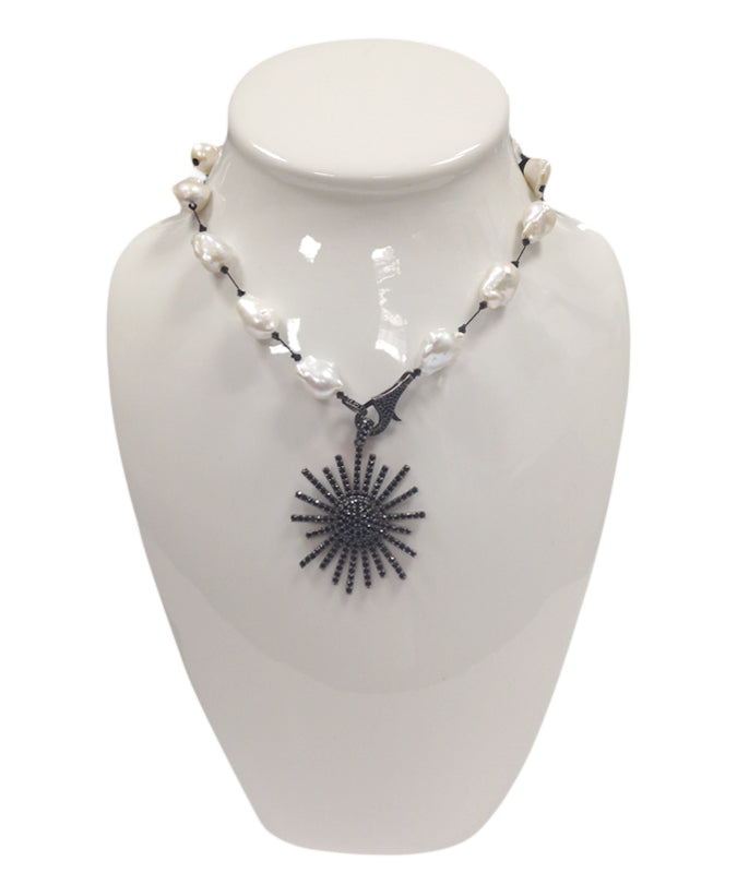 Baroque Pearl Necklace with Black Spinel Sun Charm