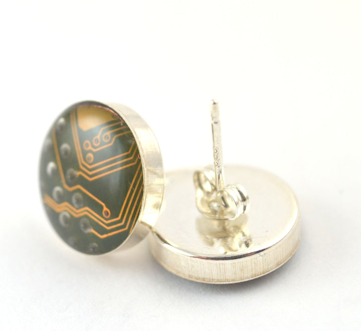 Circuit Board Stud Earrings Sterling Silver Circle