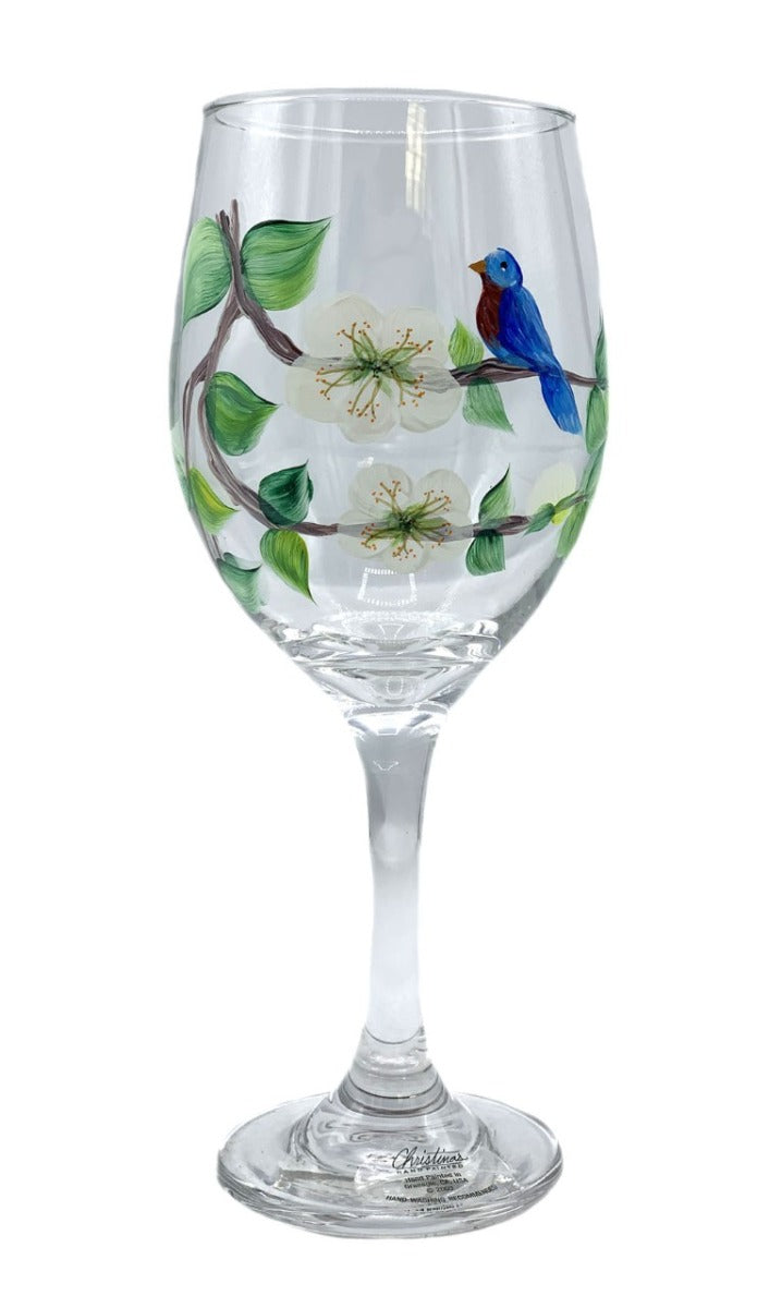 Handpainted Songbird Wine Glass - Asst Styles - Bluebird