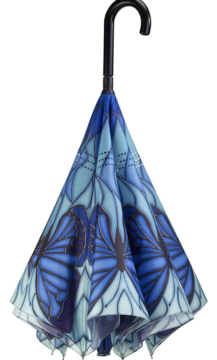 Stained Glass Butterfly Reverse Close Stick Umbrella closed