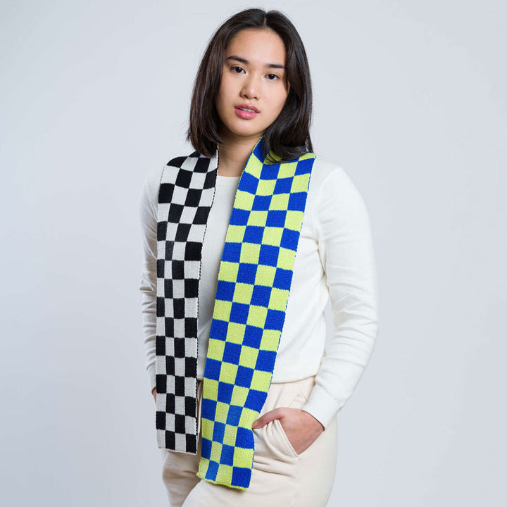 Checkerboard Knit Mini Scarf by Verloop, Lime and Cobalt