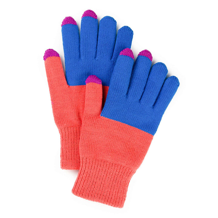 Colorblock Knit Touchscreen Gloves by Verloop, Cobalt and Melon
