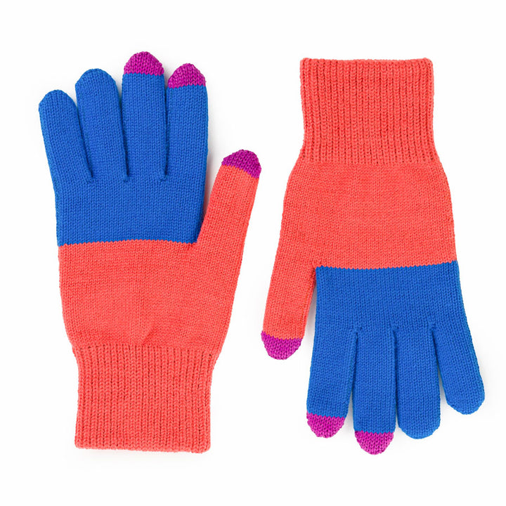 Colorblock Knit Touchscreen Gloves by Verloop, Cobalt and Melon