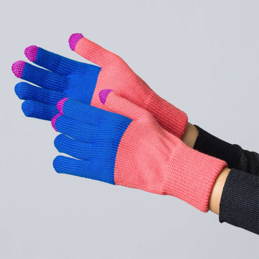 Colorblock Knit Touchscreen Gloves by Verloop, Cobalt and Melon