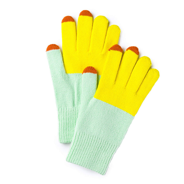 Colorblock Knit Touchscreen Gloves by Verloop,  Jade and Yellow