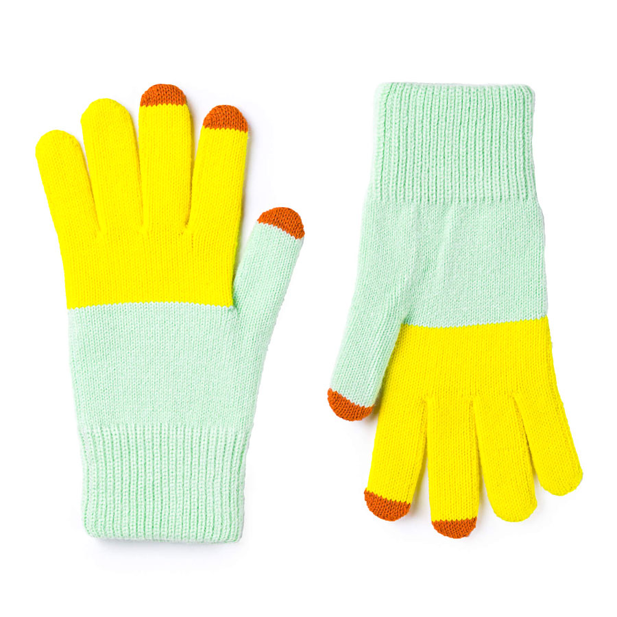 Colorblock Knit Touchscreen Gloves by Verloop,  Jade and Yellow