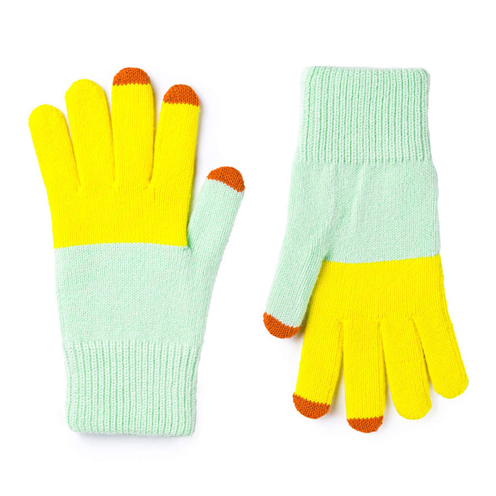 Colorblock Knit Touchscreen Gloves by Verloop,  Jade and Yellow