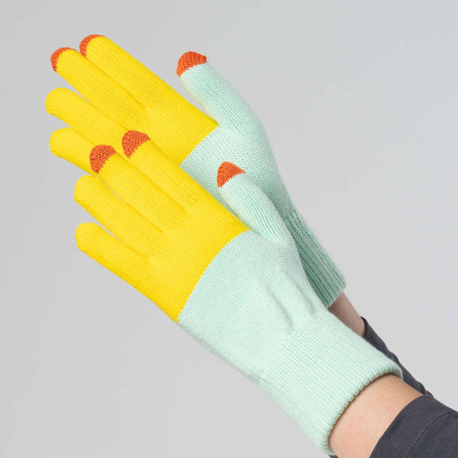 Colorblock Knit Touchscreen Gloves by Verloop,  Jade and Yellow