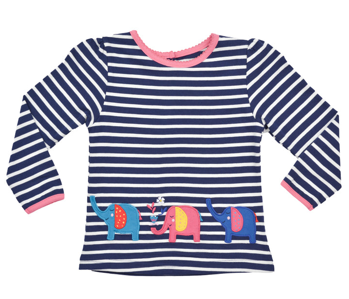 Girls Stripe Elephant Appliqué Long Sleeve Tee