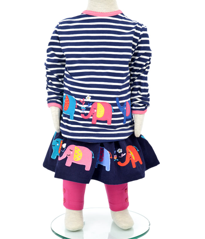 Girls Stripe Elephant Appliqué Long Sleeve Tee