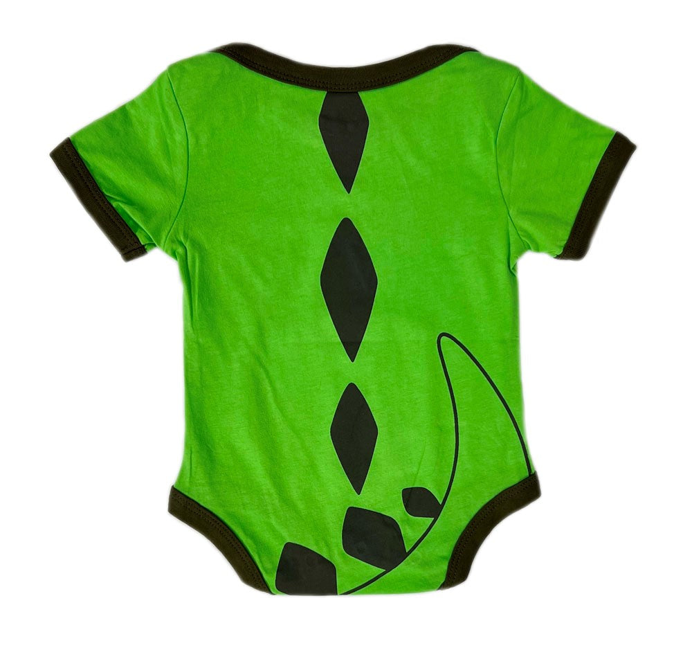 Infant Green Dinosaur on Bike Onesie back