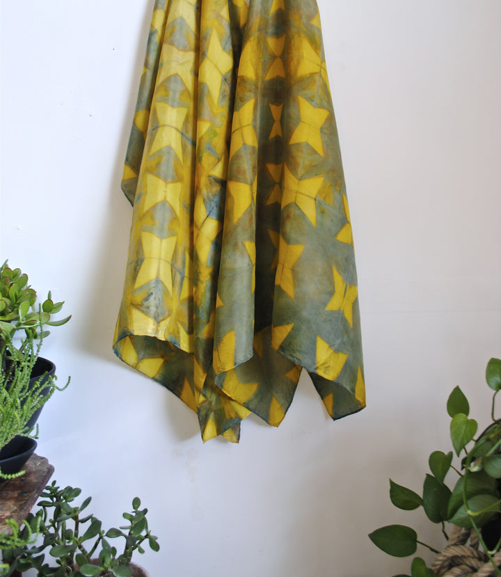 Star Pattern Natural Fusticwood and Indigo Shibori Dyed Silk Scarf