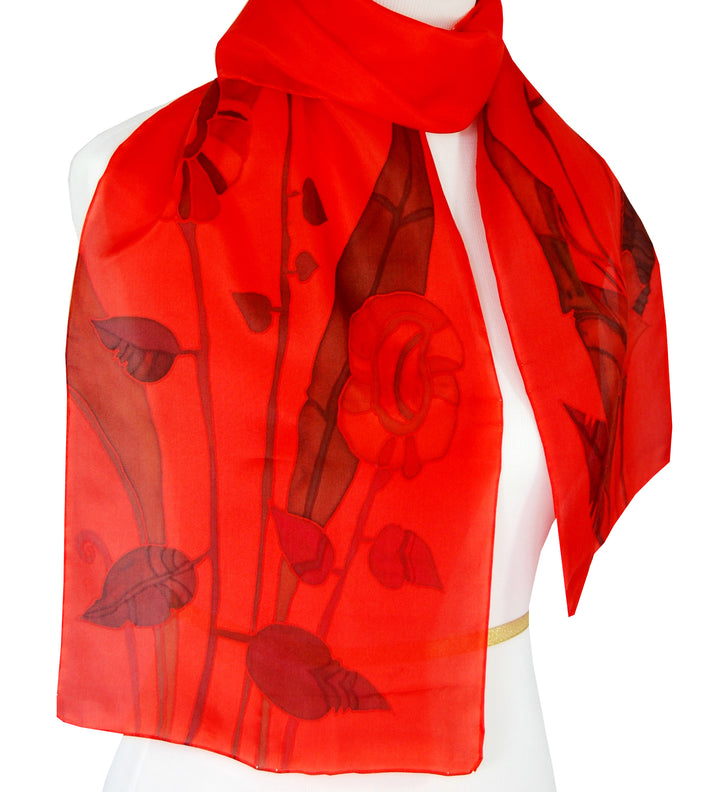 Hand Painted Silk Scarf Saturated Red Modern Flowers