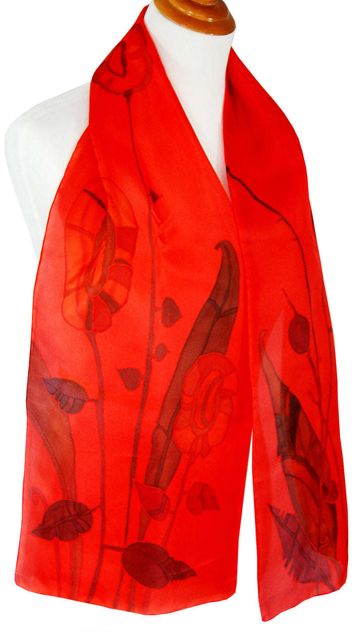 Hand Painted Silk Scarf Saturated Red Modern Flowers