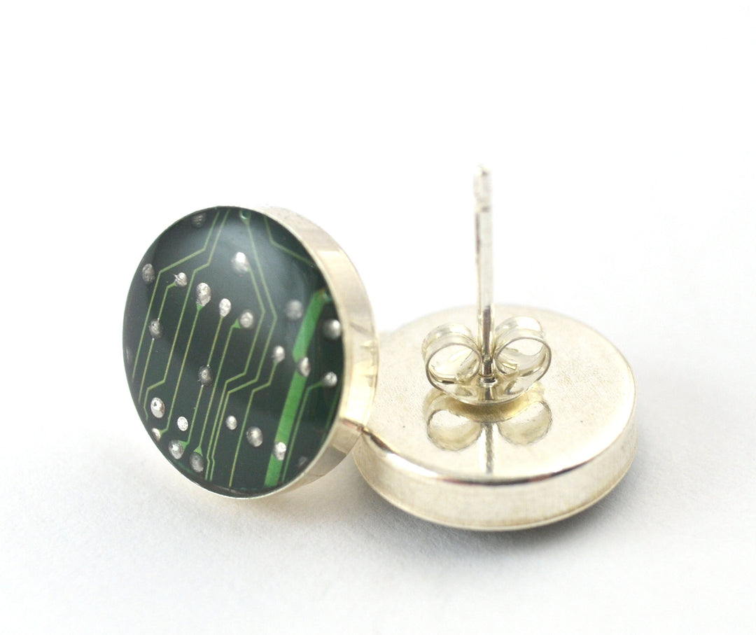 Circuit Board Stud Earrings Sterling Silver Circle