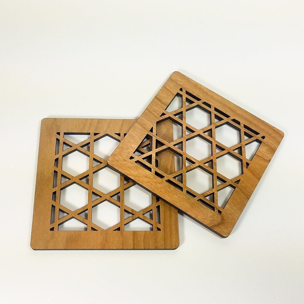 Set of 4 Cherry Veneer Hebrew Star Coasters 
