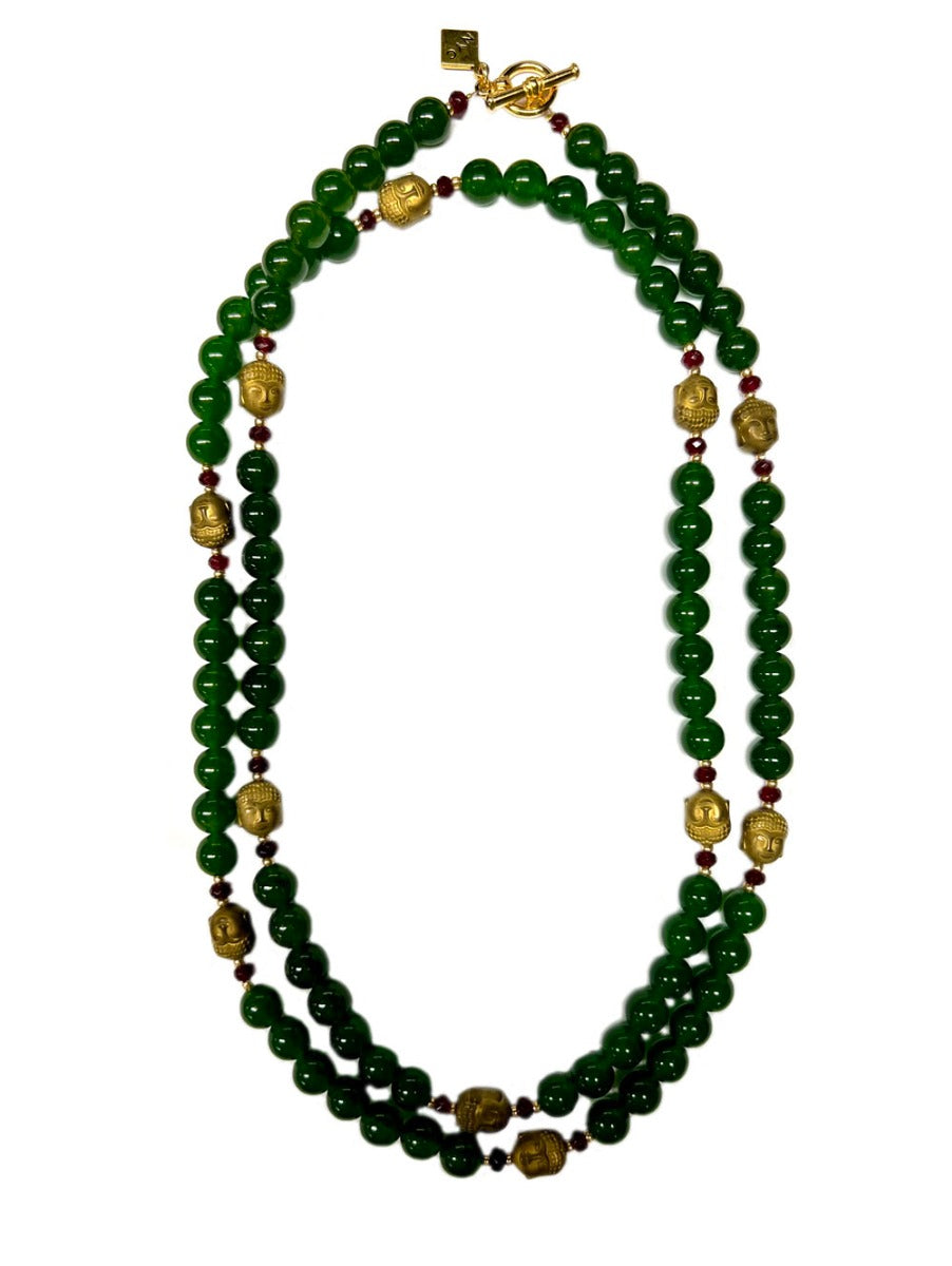 Handcrafted Jade and Buddha Bead Rope Necklace