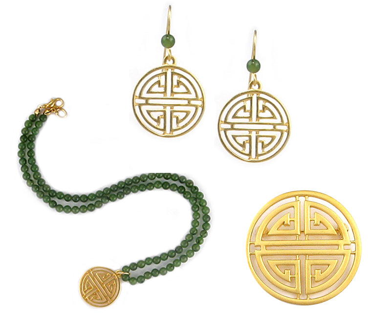 Shou Symbol Brooch & Jade Necklace Set