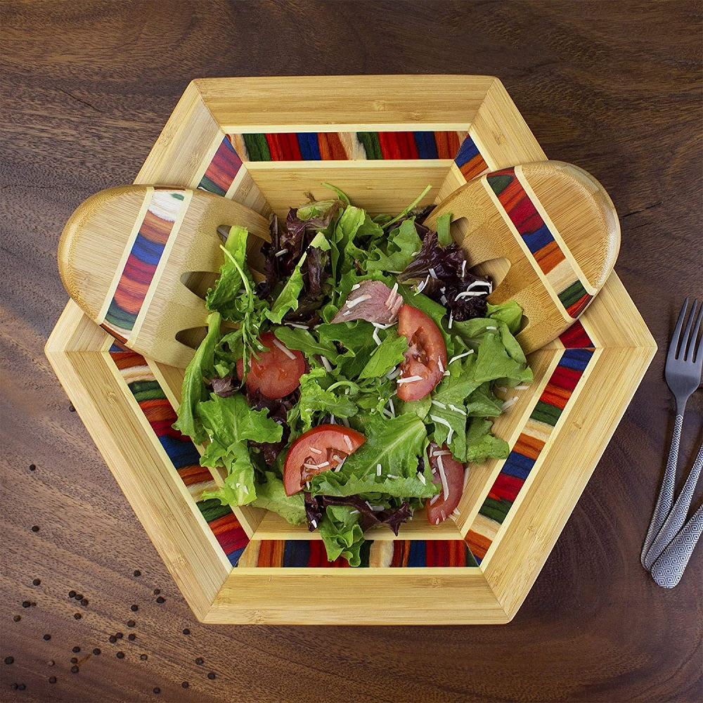 Marrakesh Rainbow Inlay Salad Serving Bowl and Salad Hands Detail