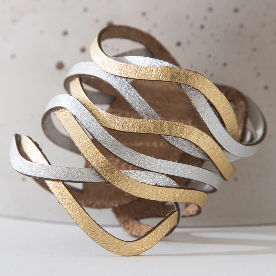 Gold and Silver Curves Duo Leather Cuff Bracelet