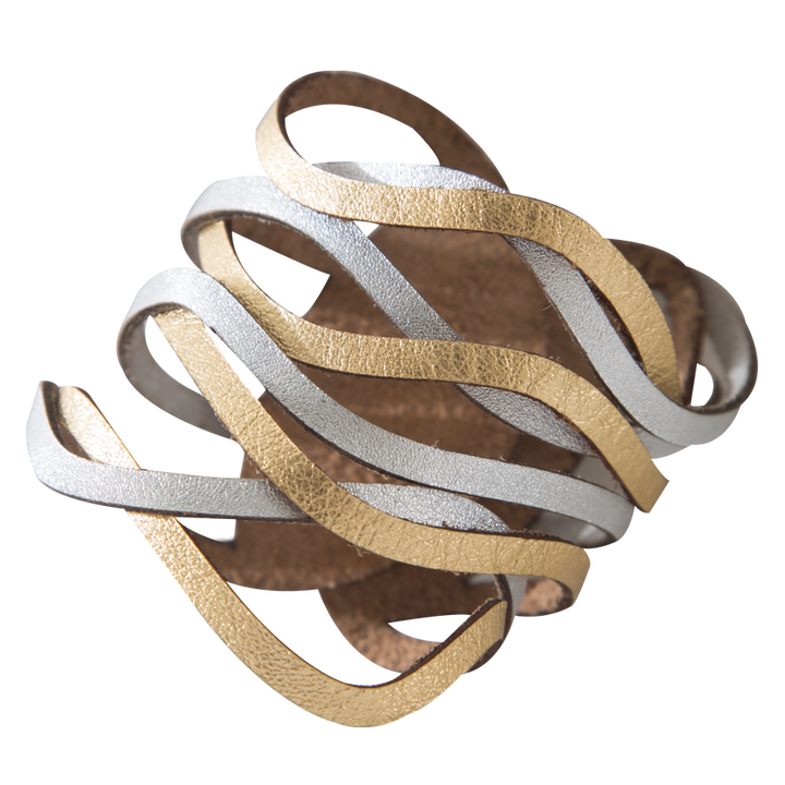 Gold and Silver Curves Duo Leather Cuff Bracelet