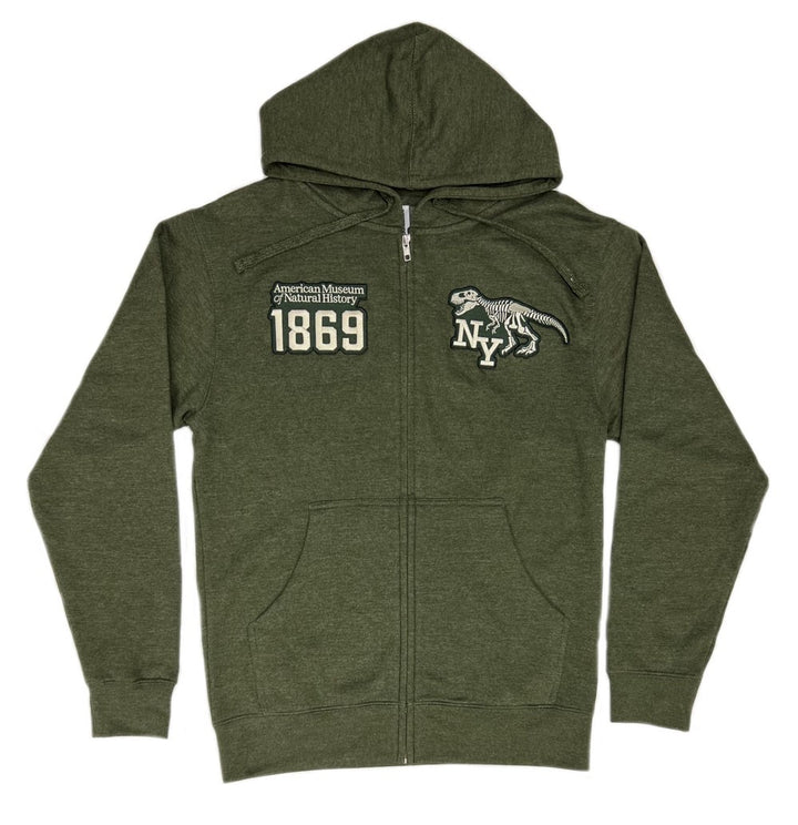 Adult Olive Zip Hoodie Museum logo and Dino NYC Patches