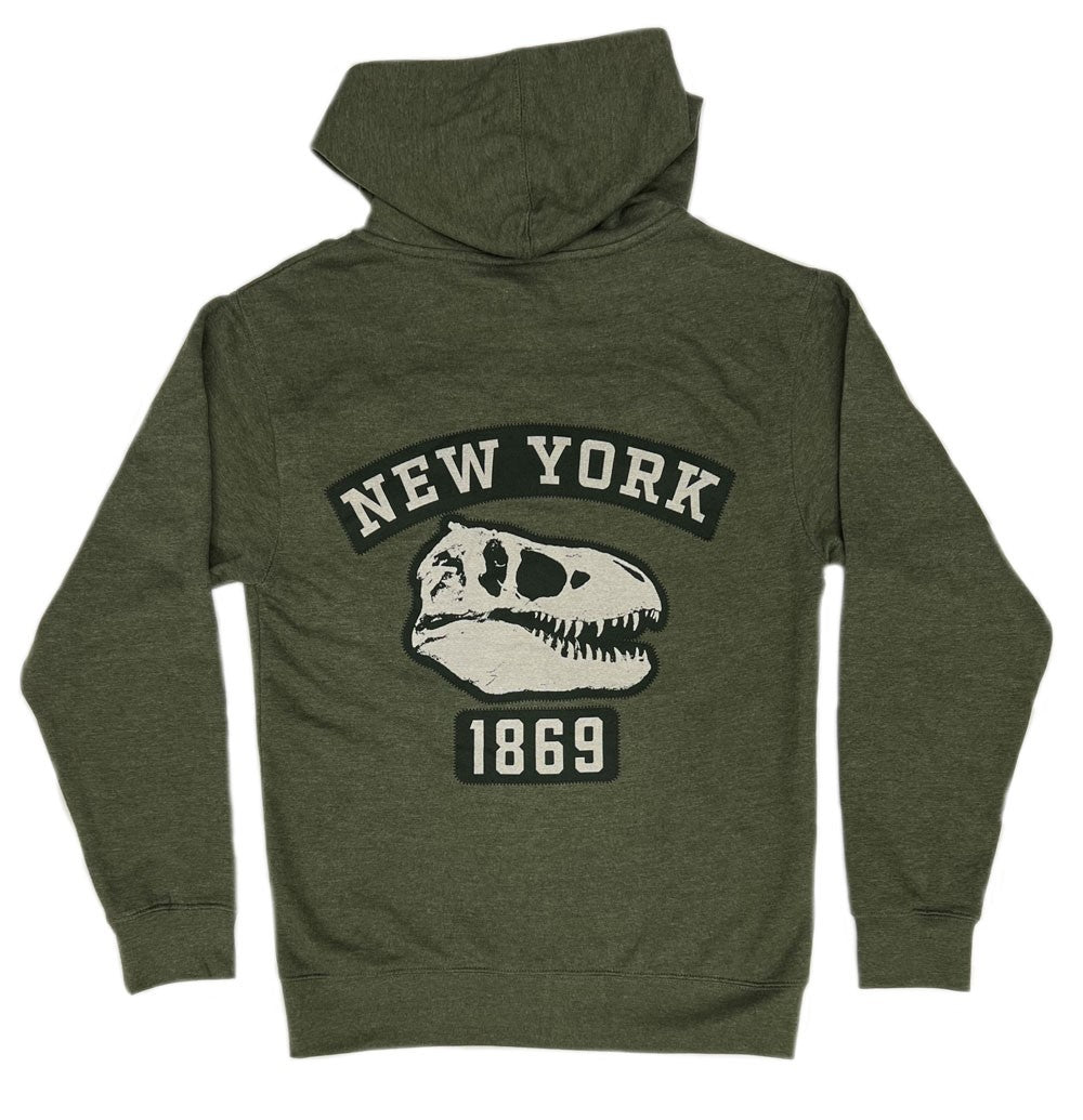 Adult Olive Zip Hoodie Museum logo and Dino NYC Patches Back