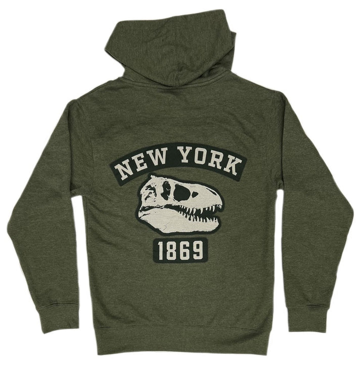 Adult Olive Zip Hoodie Museum logo and Dino NYC Patches Back