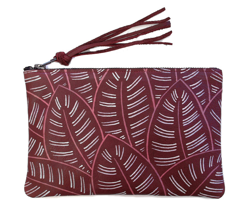 Painted Calathea Leather Zipper Clutch