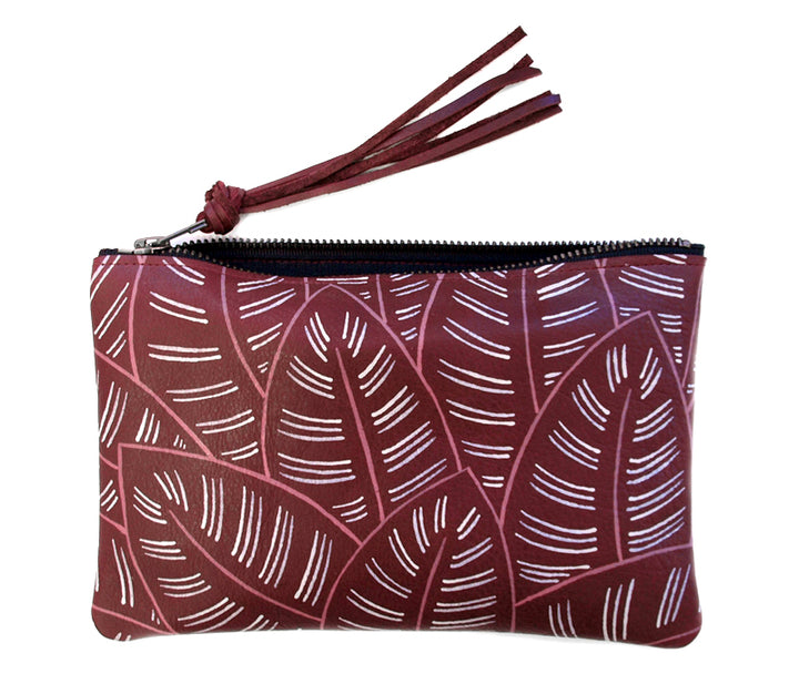 Painted Calathea Leather Zipper Clutch