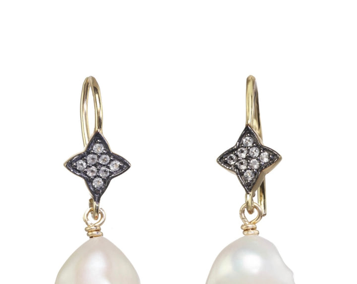 Freshwater Baroque Pearl Drop Earrings - Sapphire Accents Closeup