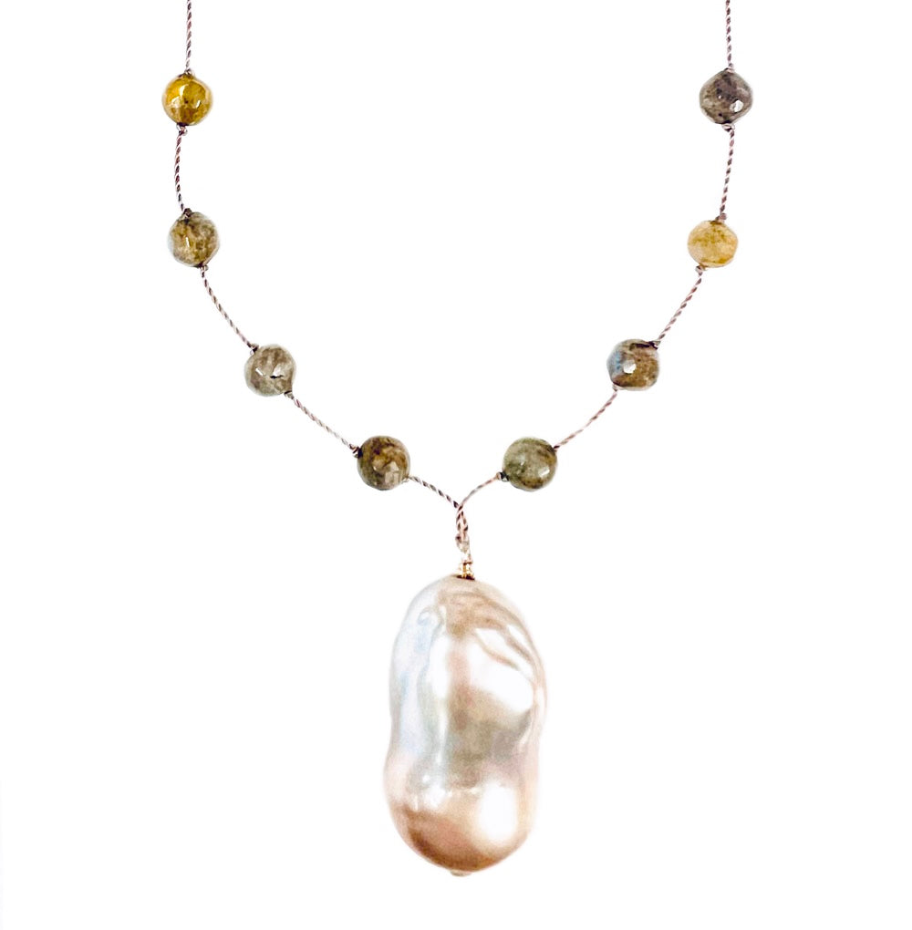 Freshwater Baroque Pearl and Labradorite Necklace closeup