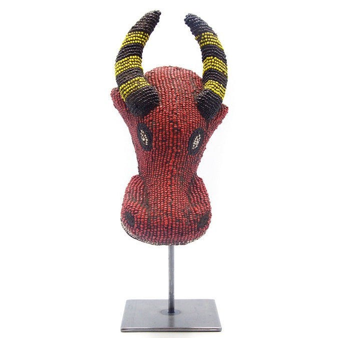 Carved and Beaded Red Water Buffalo Mask