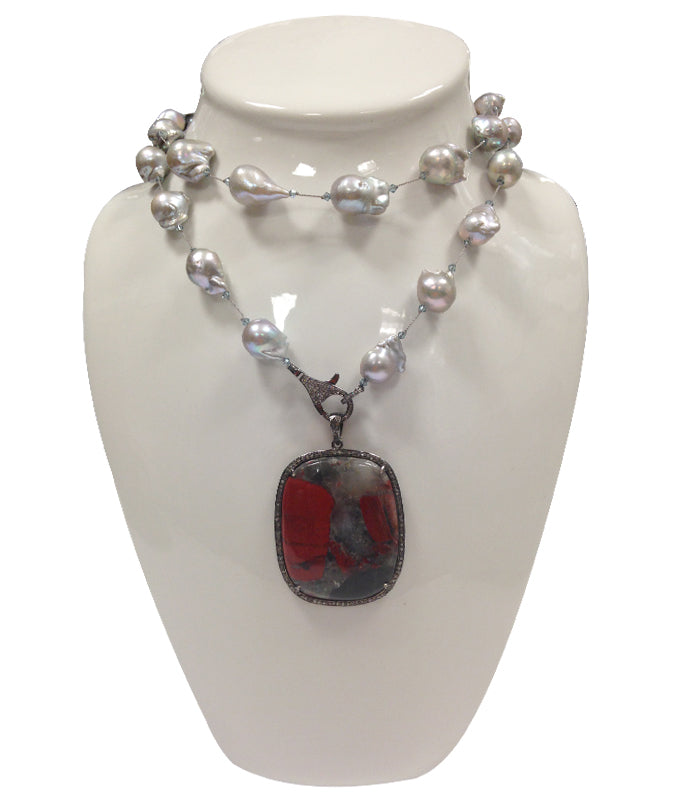 Baroque Pearl Necklace with Red Jasper and Diamond Pendant