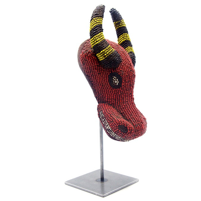 Carved and Beaded Red Water Buffalo Mask