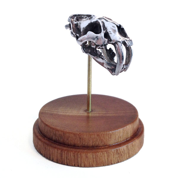 White Bronze Sabertoothed Cat Skull Necklace with Display Base