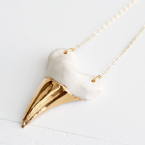 Porcelain Sharks Tooth Necklace with 14k Gold Luster
