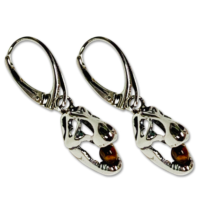 Sterling Silver T. Rex Skull and Amber Bead Earrings