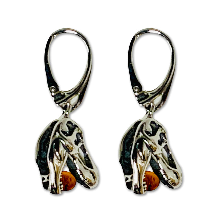 Sterling Silver T. Rex Skull and Amber Bead Earrings