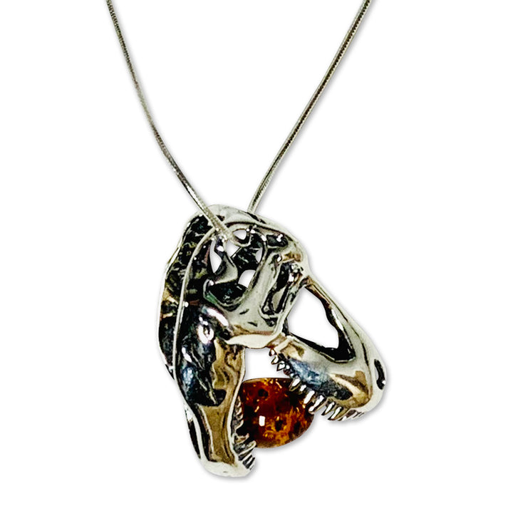 Sterling Silver and Baltic Amber T. Rex Skull Pendant and Chain